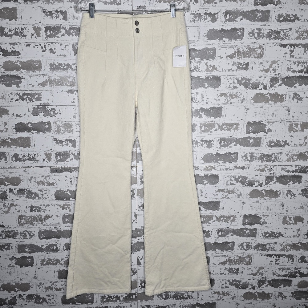 NWT Forever 21 Pants Womens Large Ivory White Flared Leg Boho Corduroy Stretch